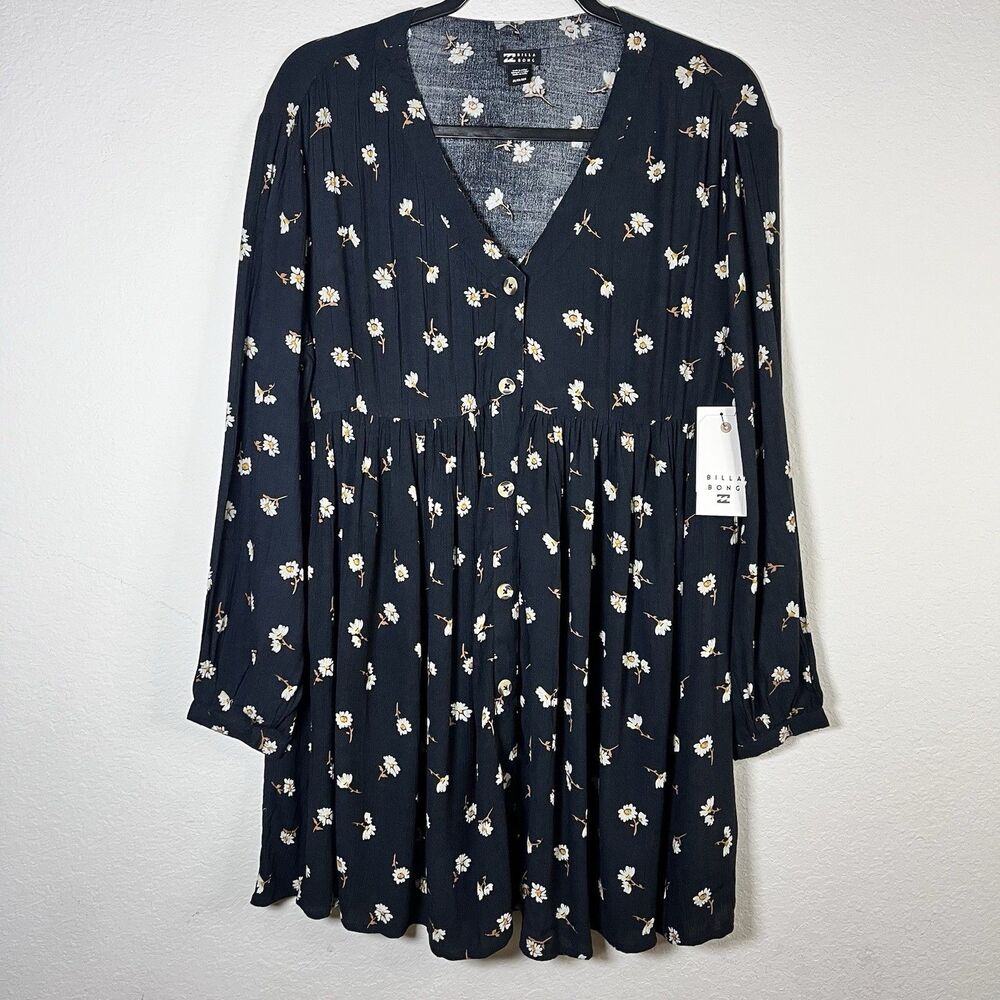 NEW Billabong Womens Black Floral Midi Dress Button Front Western boho Size XS